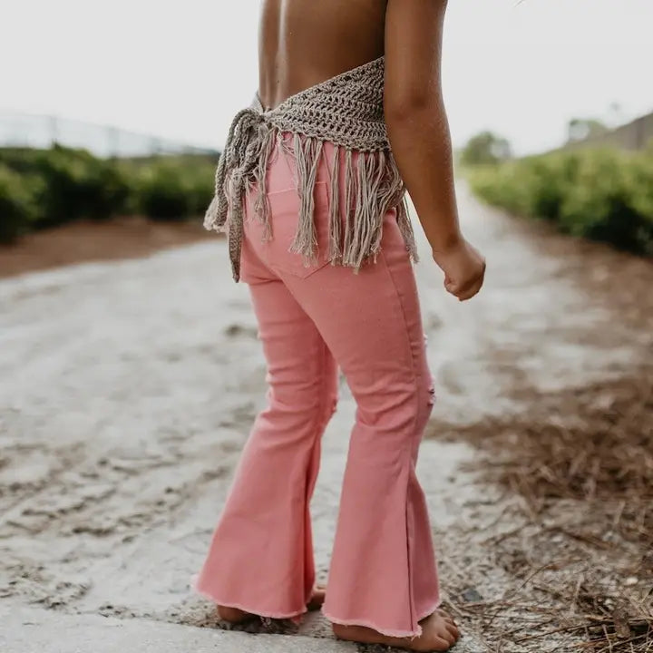 Kids Pink Distressed Denim Jean Flare Pants