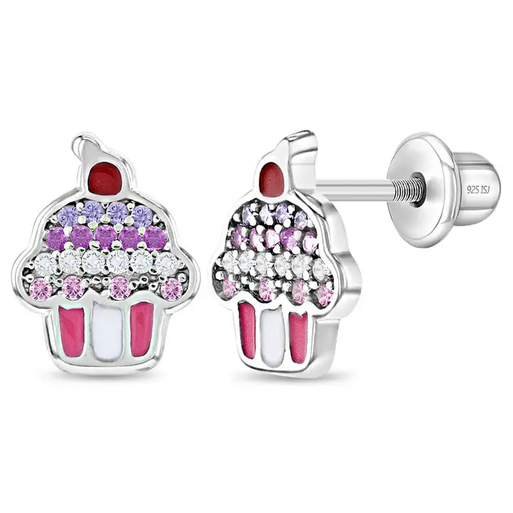 Colorful Cz Cupcake Toddler Kids Earrings - Sterling Silver