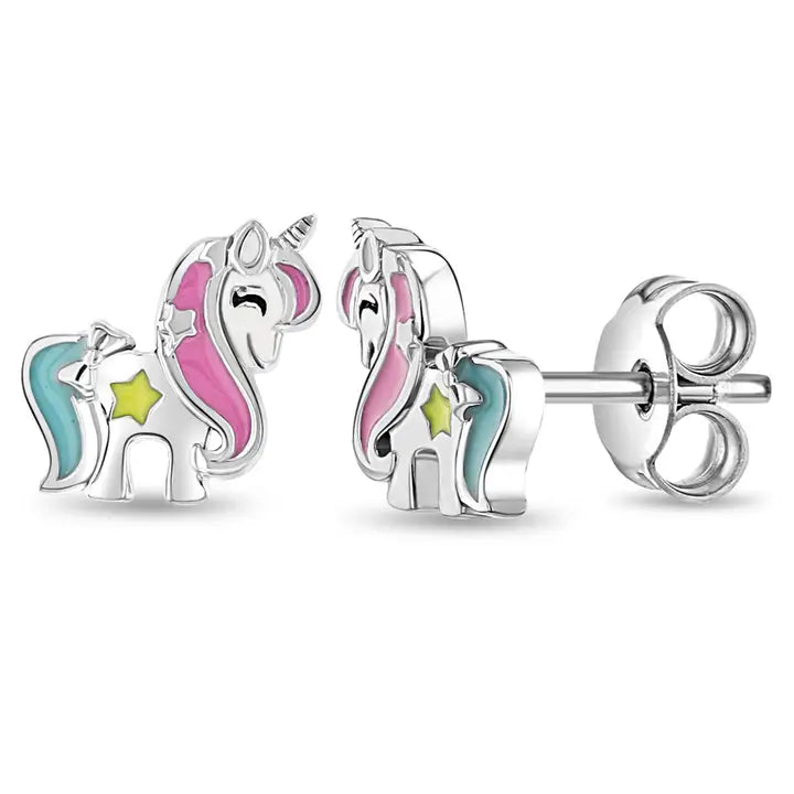 Unicorn Children's Girls Earrings Enamel - Sterling Silver