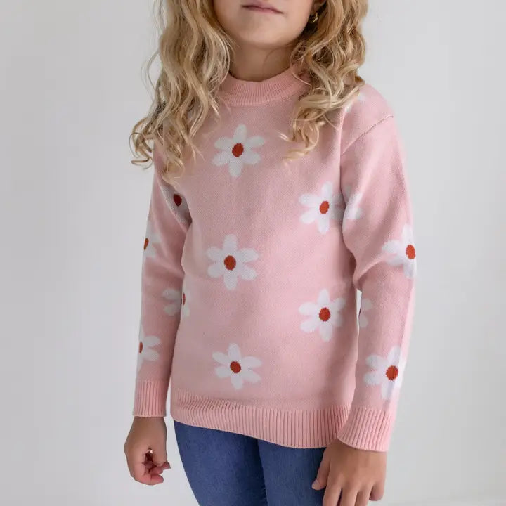 Kids Blush Pink Flower Crew Neck Fall Winter Sweater