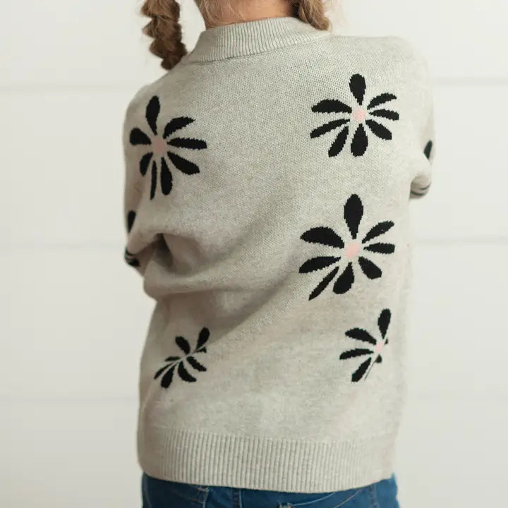 Kids Light Gray Flower Crew Neck Fall Winter Sweater