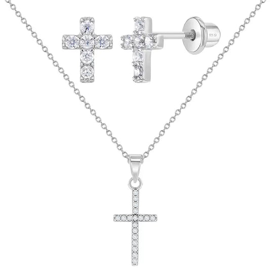 Tiny Glimmering Cross Children's Jewelry Set Sterling Silver