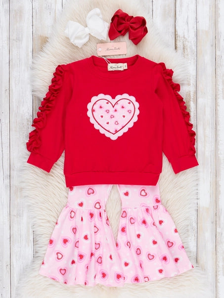 Red & Pink Stitched Heart Bell Bottoms Outfit