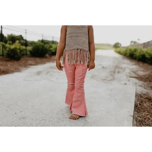 Kids Pink Distressed Denim Jean Flare Pants