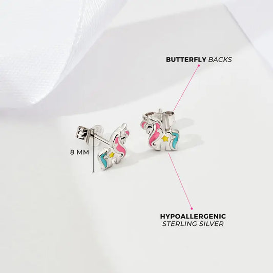 Unicorn Children's Girls Earrings Enamel - Sterling Silver