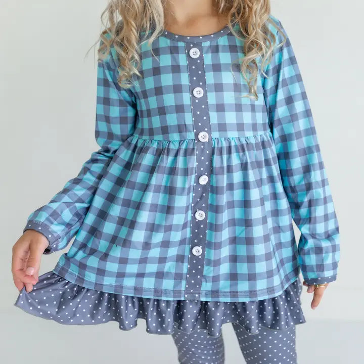 Kids Dusty Blue Gray Gingham Check Button Pocket Pant Set