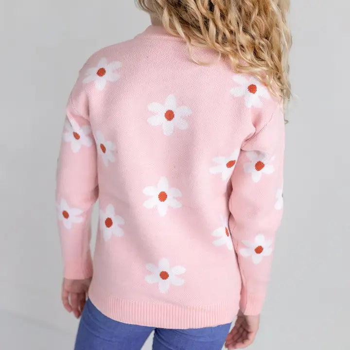 Kids Blush Pink Flower Crew Neck Fall Winter Sweater