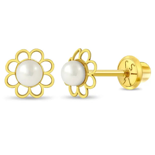 14k Gold Flower Freshwater Pearl Earrings