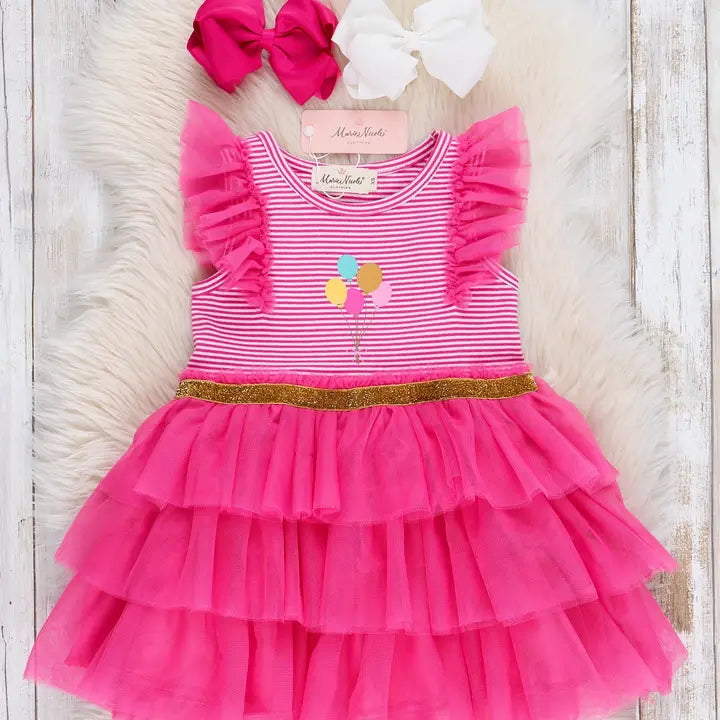 Hot Pink Birthday Balloons Tiered Tulle Dress