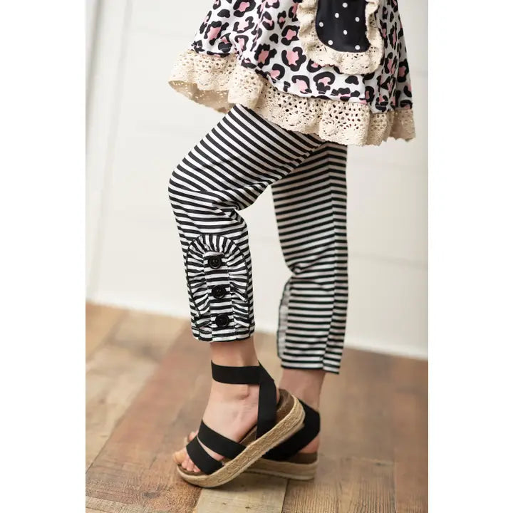 Kids Black Stripe Leopard Pocket Two Piece Fall Ruffle Set