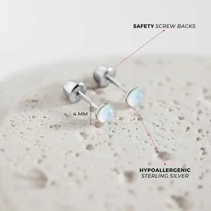 Opal Button 4mm Baby Toddler Kids Earrings - Sterling Silver