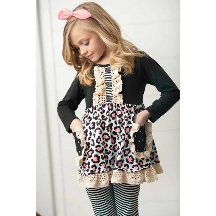 Kids Black Stripe Leopard Pocket Two Piece Fall Ruffle Set