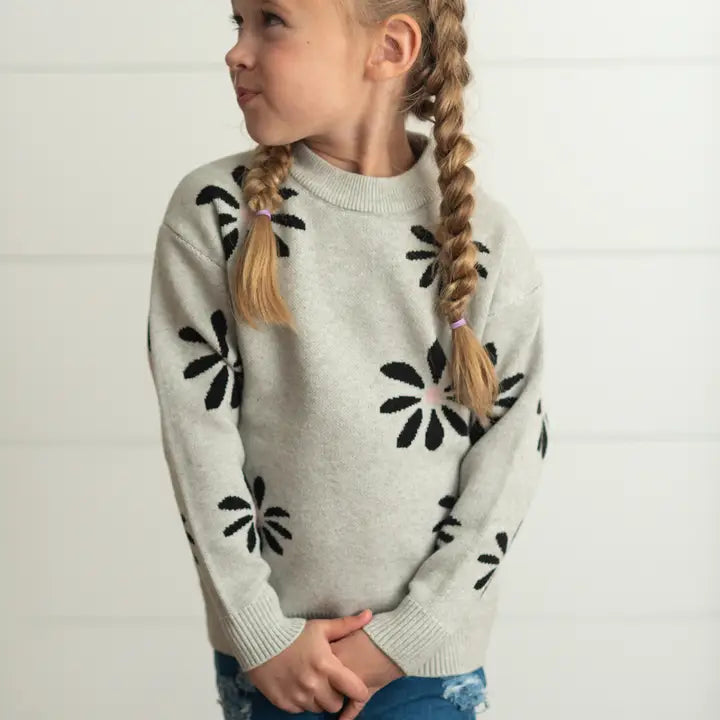 Kids Light Gray Flower Crew Neck Fall Winter Sweater