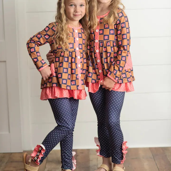 Kids Sienna Pink Navy Flower Check Button Pocket Pant Set