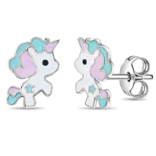 Pastel Enamel Unicorn Kids Girls Earrings - Sterling Silver