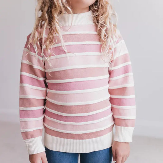 Kids Ombre Pink Stripe Ribbed Crew Neck Winter Sweater