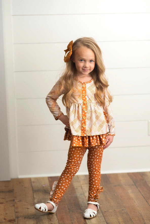 Mustard Polka Dot Button Pocket Ruffle Set