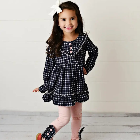 Kids Pink & Navy Gingham Check Button Ruffle Fall Pant Set