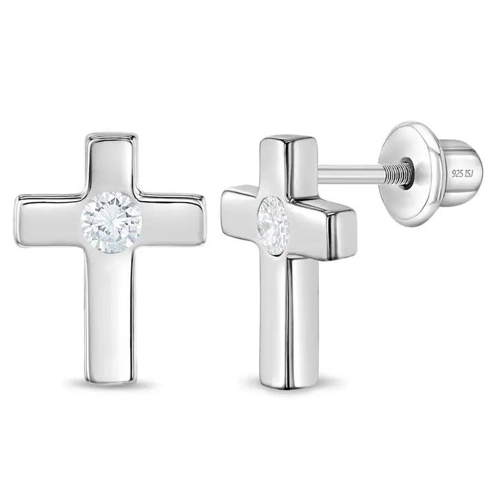 Classic Cz Cross Toddler / Kids Earrings - Sterling Silver