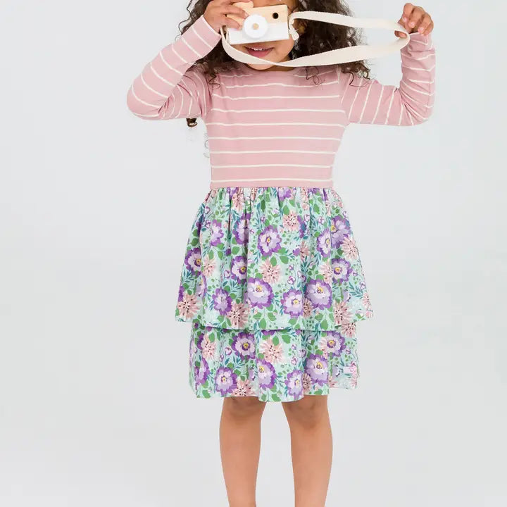 Girls Alpine Floral Knit Long Sleeve Mix-Print Tiered Dress